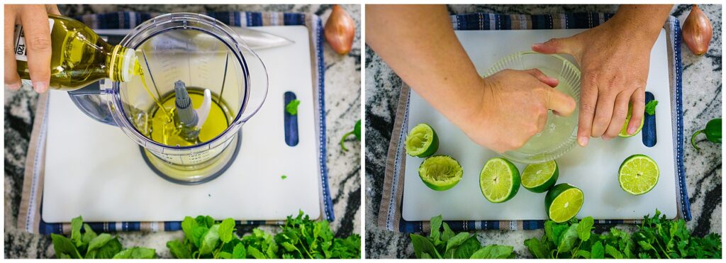 pouring olive oil in a blender and juicing limes