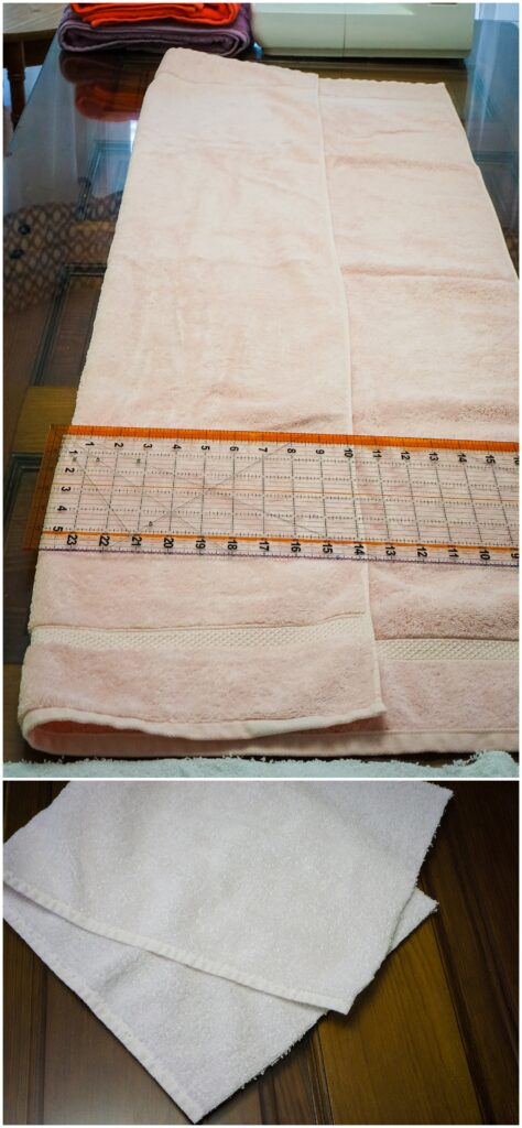 measuring a towel to make a hooded towel