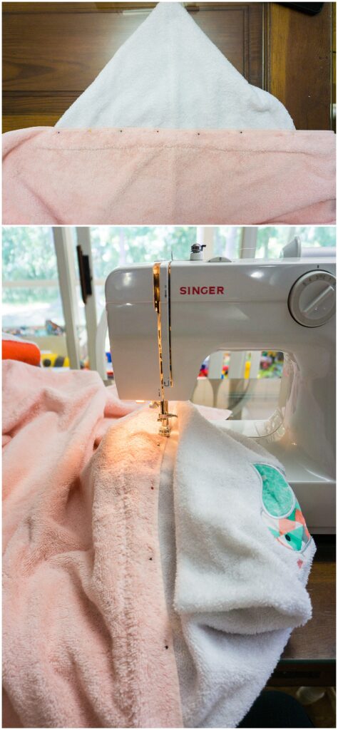 sewing the hood to the towel 
