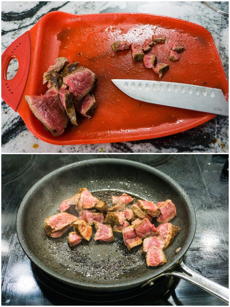Steak uncooked and cooked