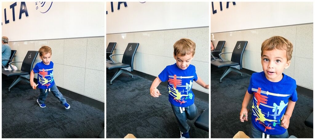 boy running circles in airport