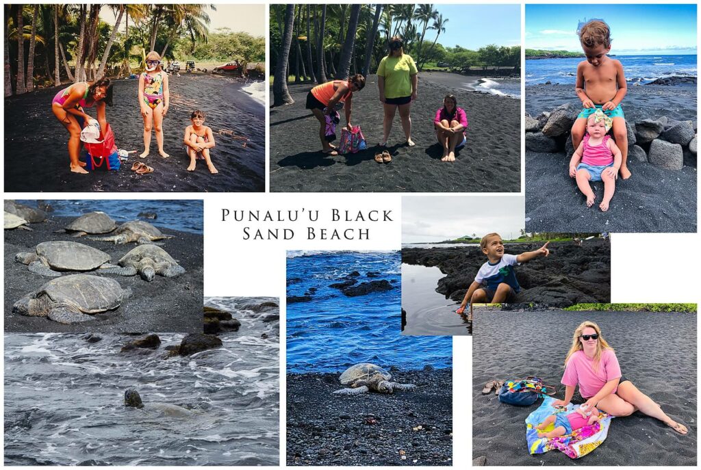 collage of punalu'u black sand beach