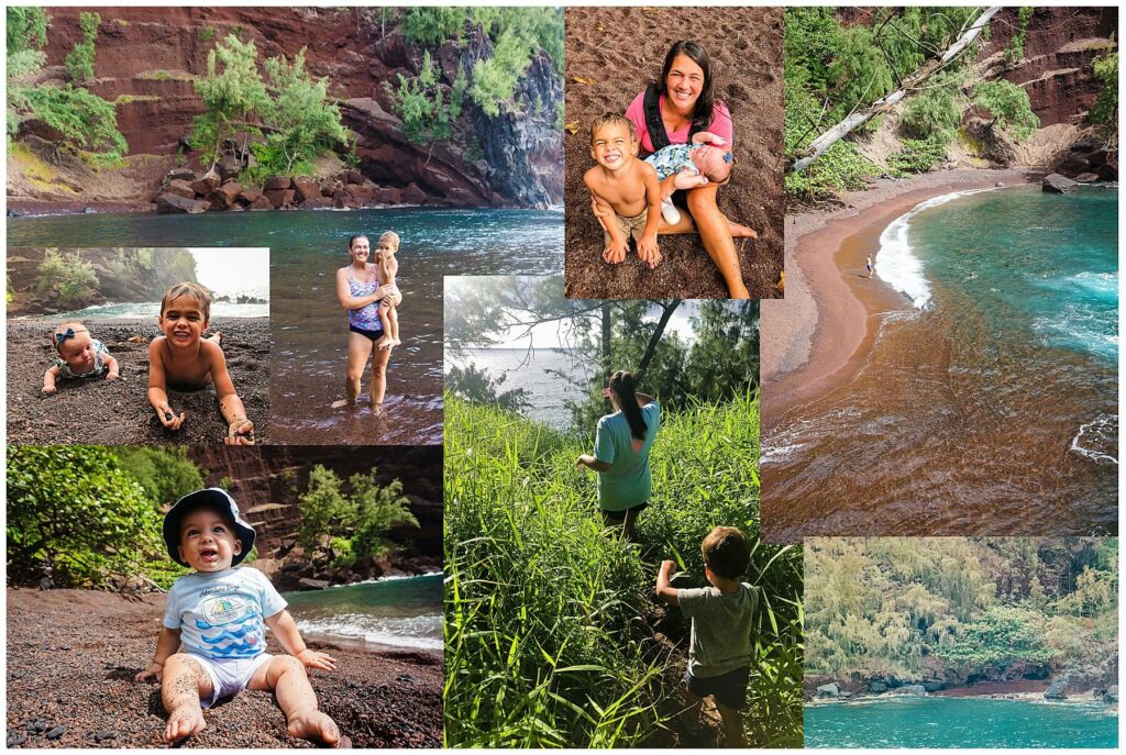 collage of red sand beach in maui