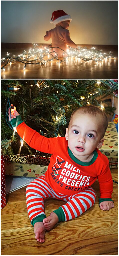 little boy wrapped in Christmas lights and little boy sitting in front of christmas Tree 