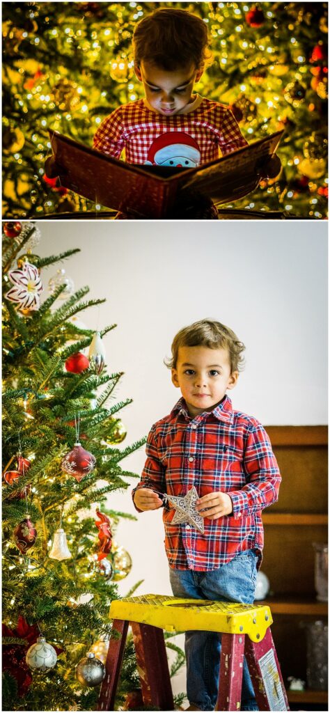 little boy reading book in front of Christmas tree and little boy decorating Christmas tree