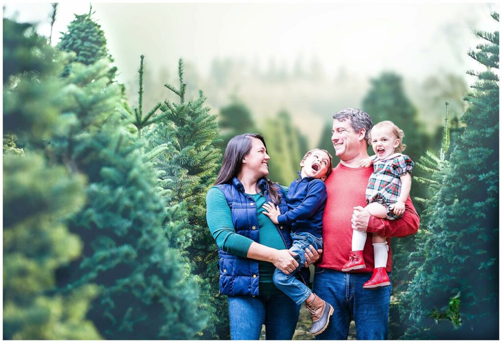family photo at a Christmas tree farm