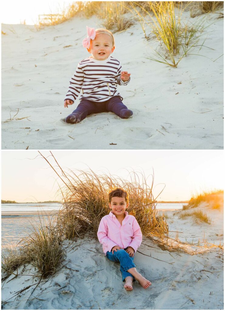 little girl and little boy at sunset on the beach
