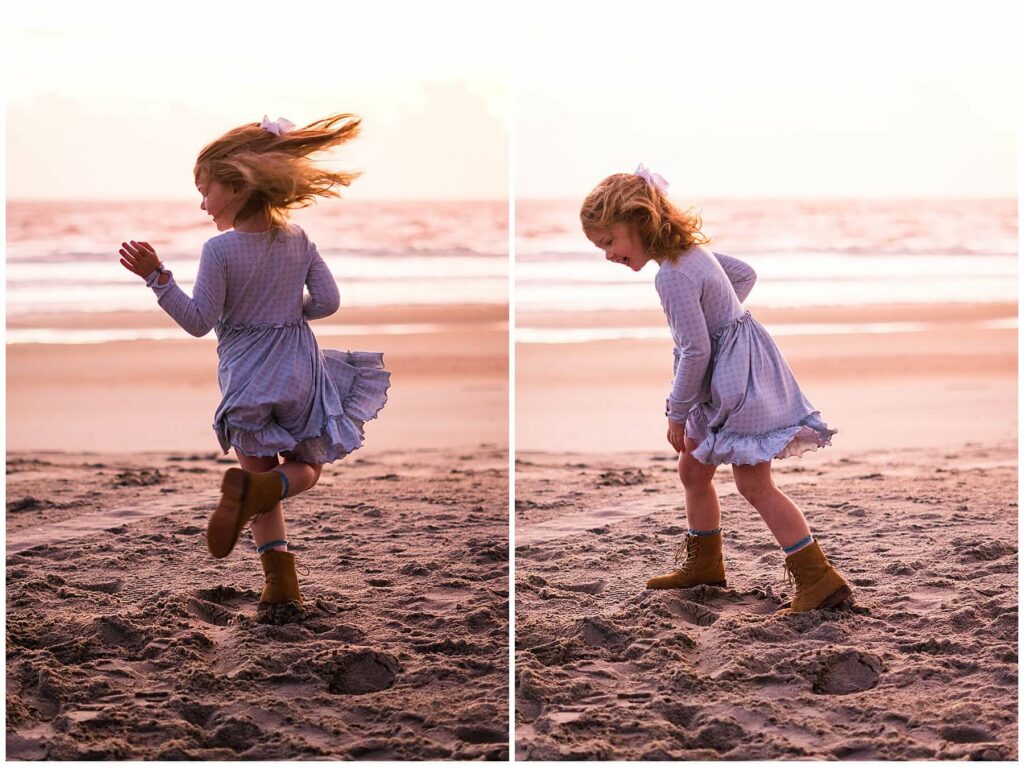 little girl twirling in the sunrise on beach