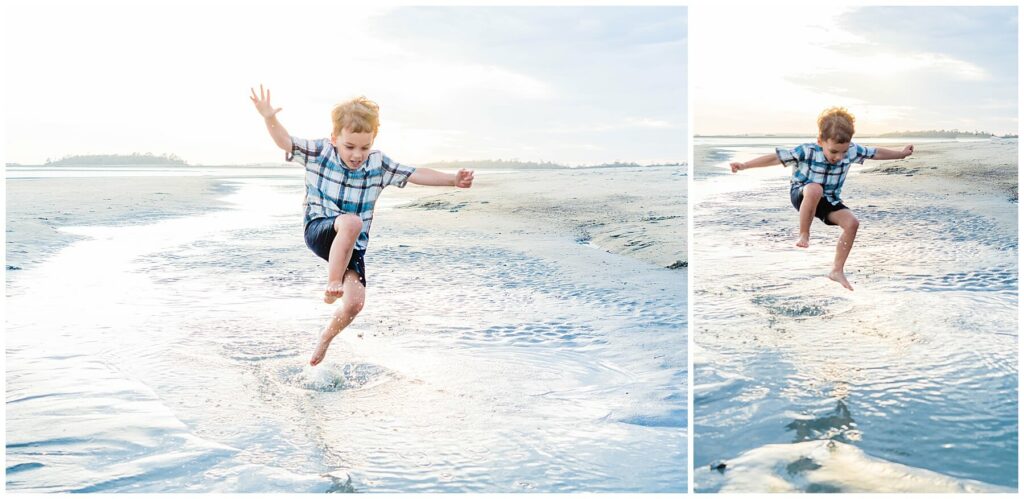 little boy jumping in the water at the beach