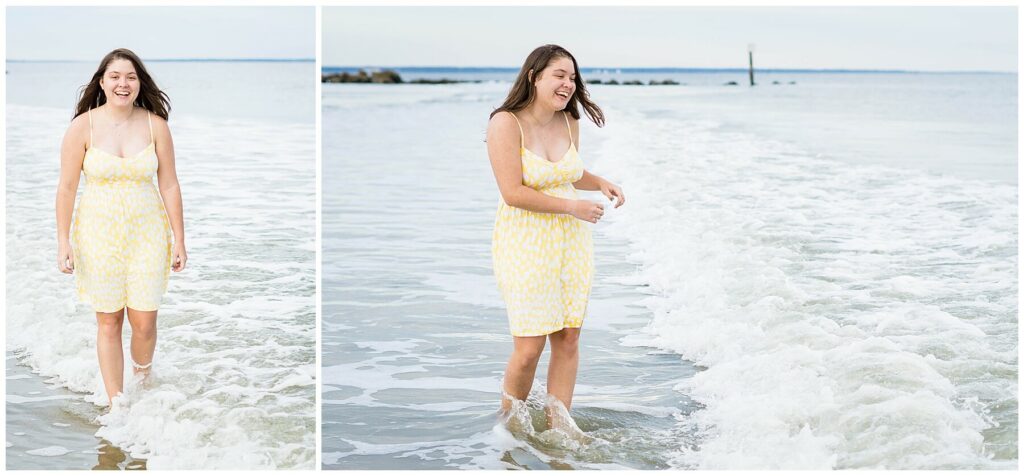 girl in yellow dress playing in ocean