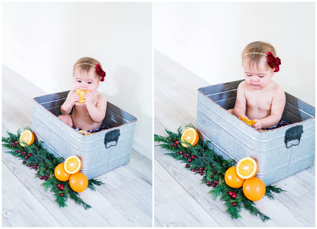 baby in cranberry and orange milk bath