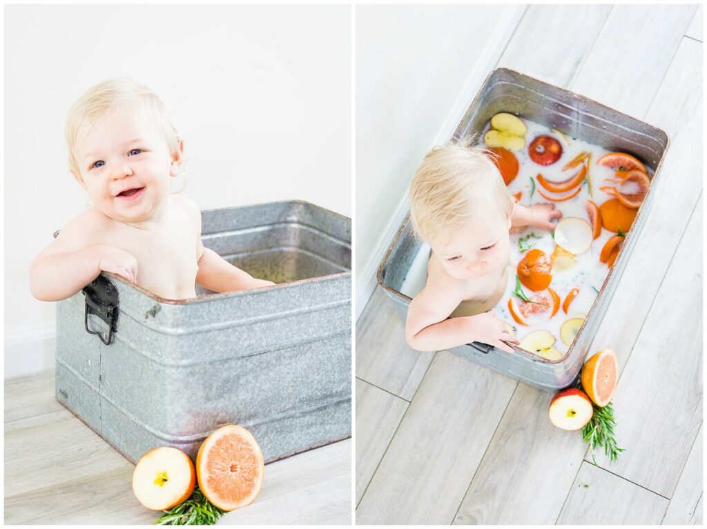 baby in orange and apple milk bath