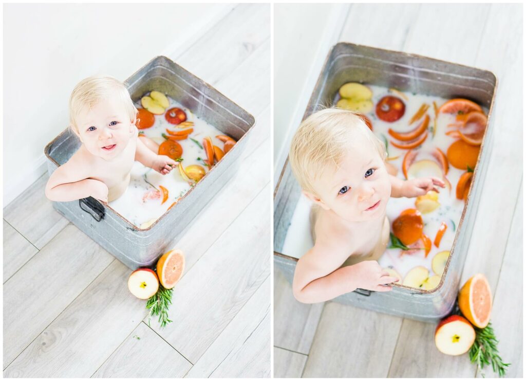 baby in orange and apple milk bath