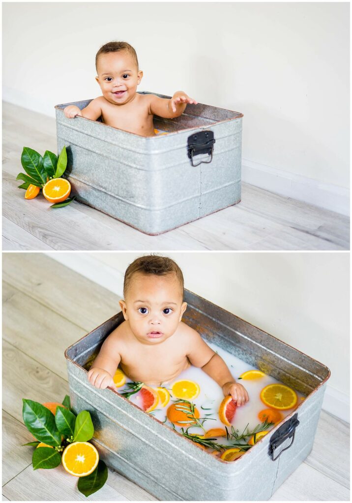 baby in grapefruit milk bath