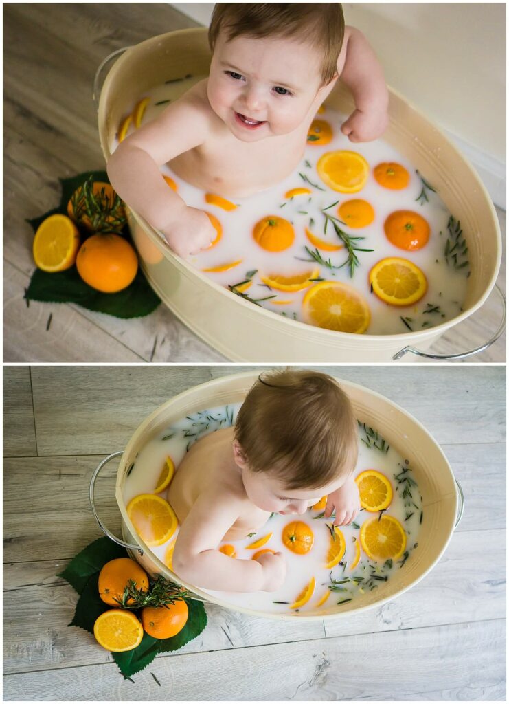 baby in an orange milk bath