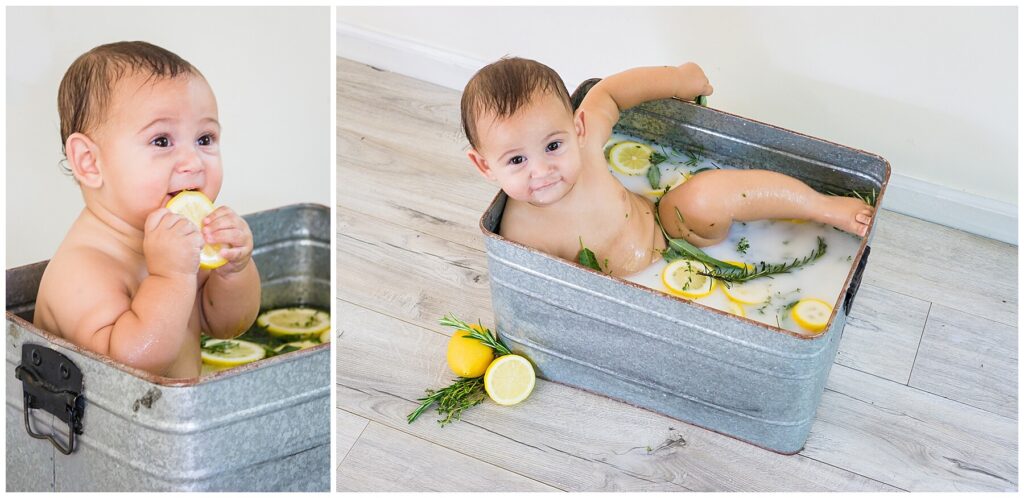 baby boy in lemon milk bath