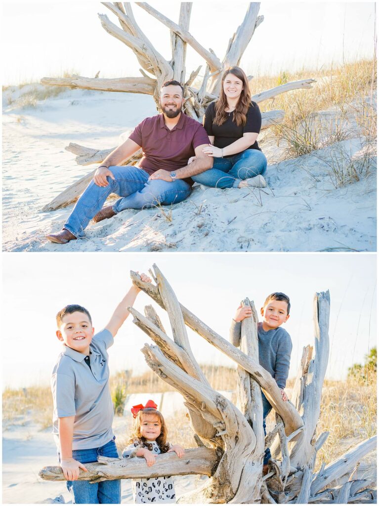 collage of family climbing on driftwood at sunset