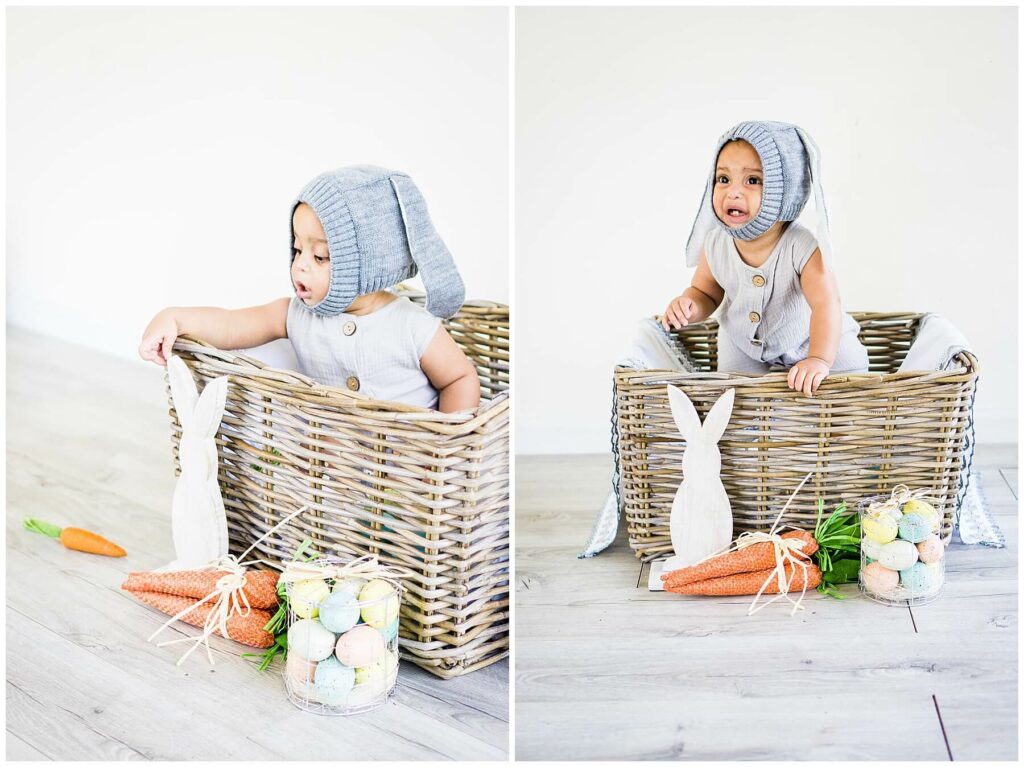 baby boy sitting in basket with easter decor