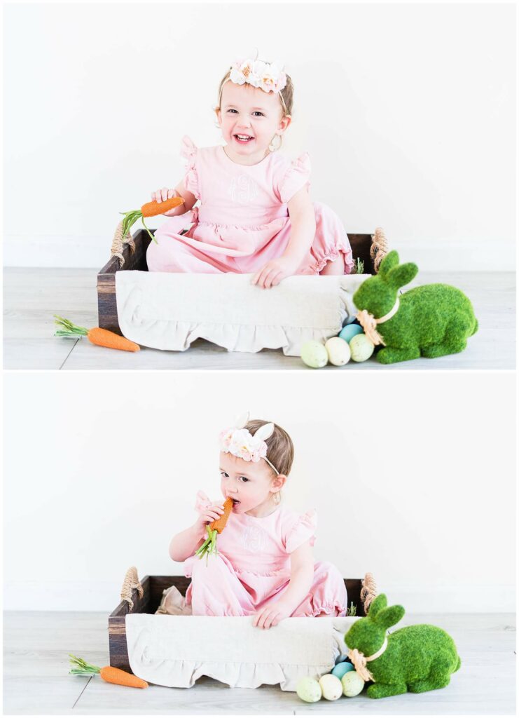 baby girl sitting in wooden box with easter decor