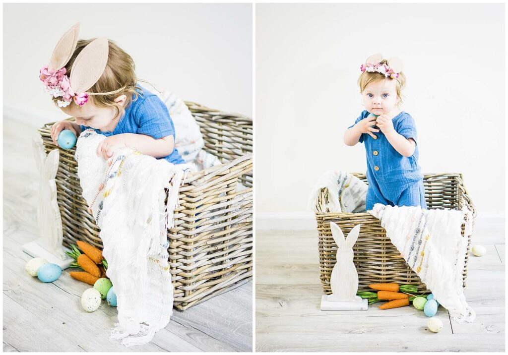 baby girl in basket with easter decor