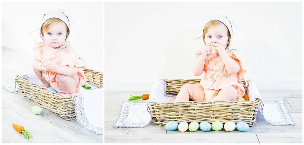 baby girl in basket with easter decor
