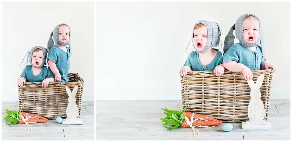 baby boy twins in basket with easter decor