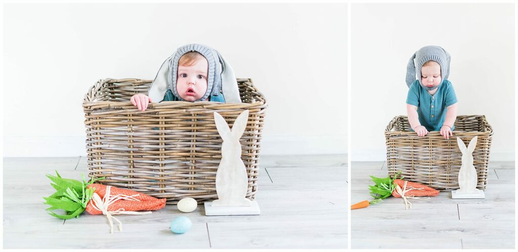 twin boys in basket with easter decor