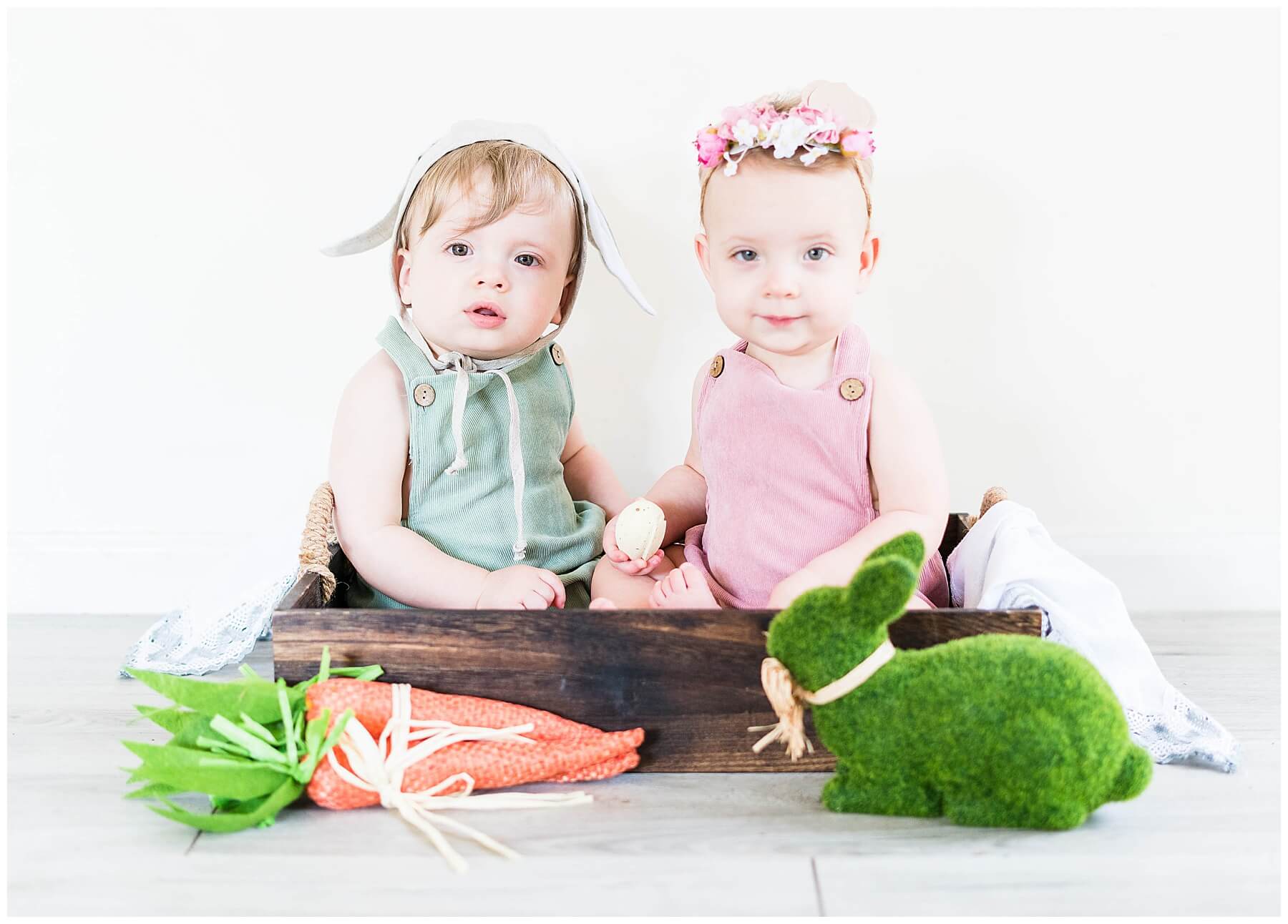 boy and girl twin in box with easter decor