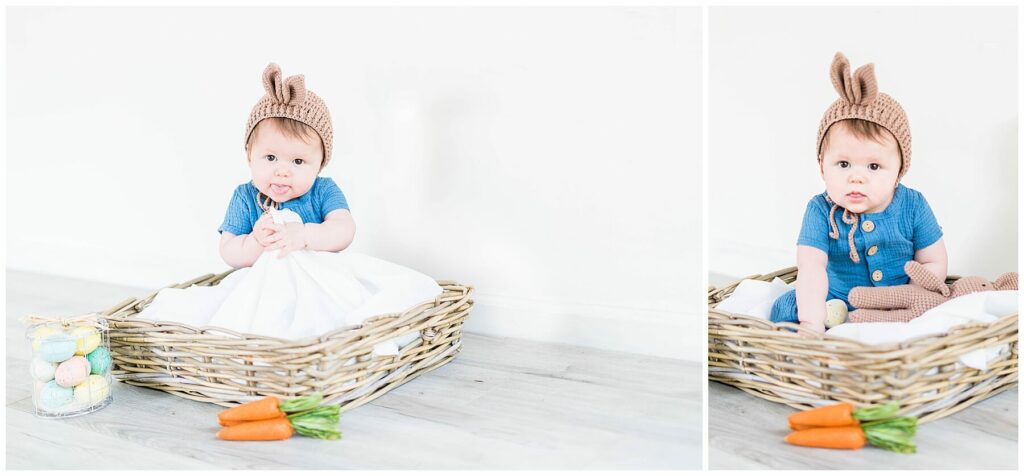 baby boy in basket with easter decor