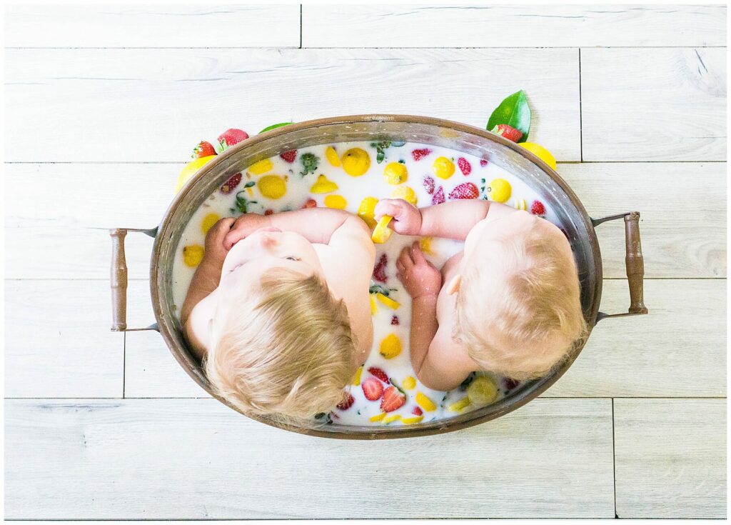 twins in a strawberry lemon milk bath