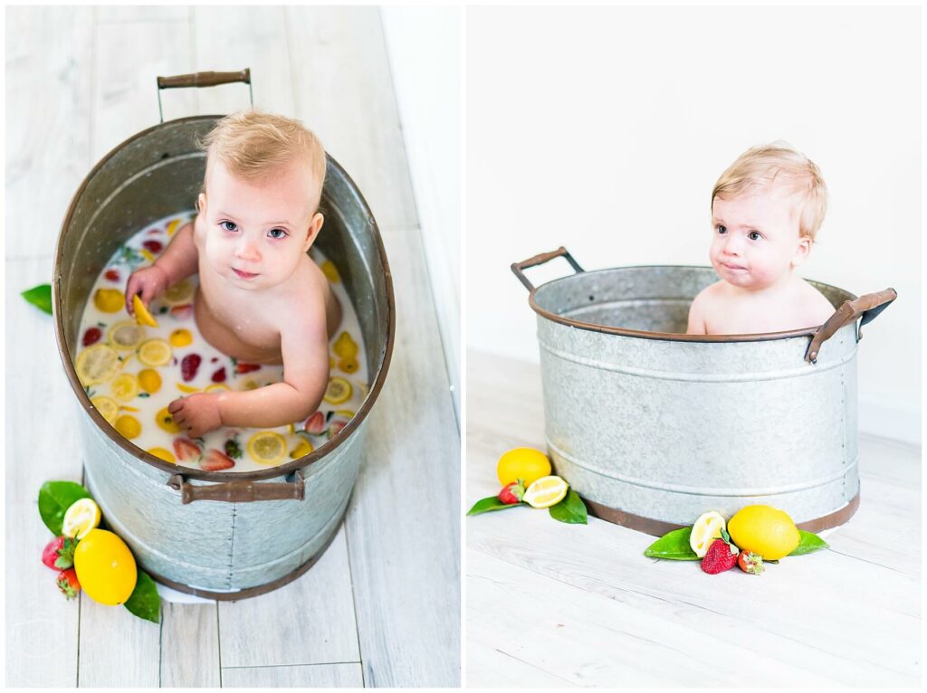 babies in strawberry lemon milk bath