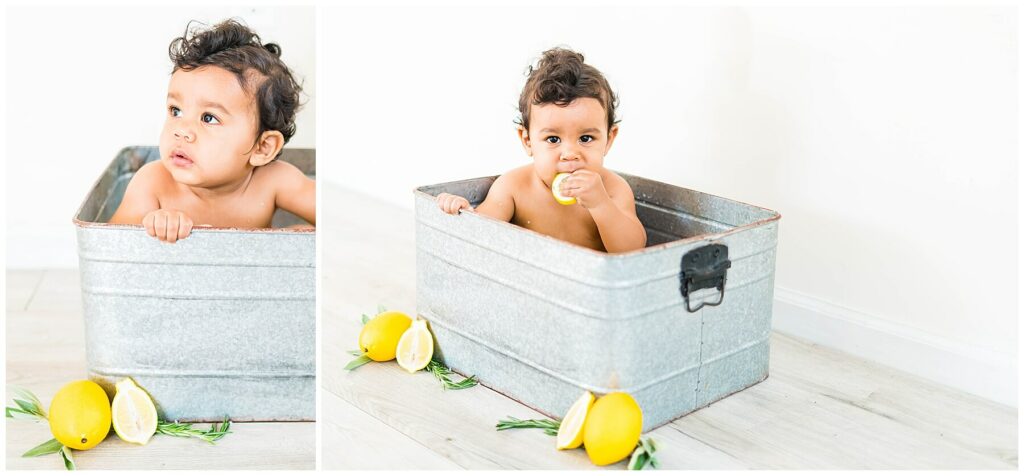 baby boy in a lemon and herb milk bath