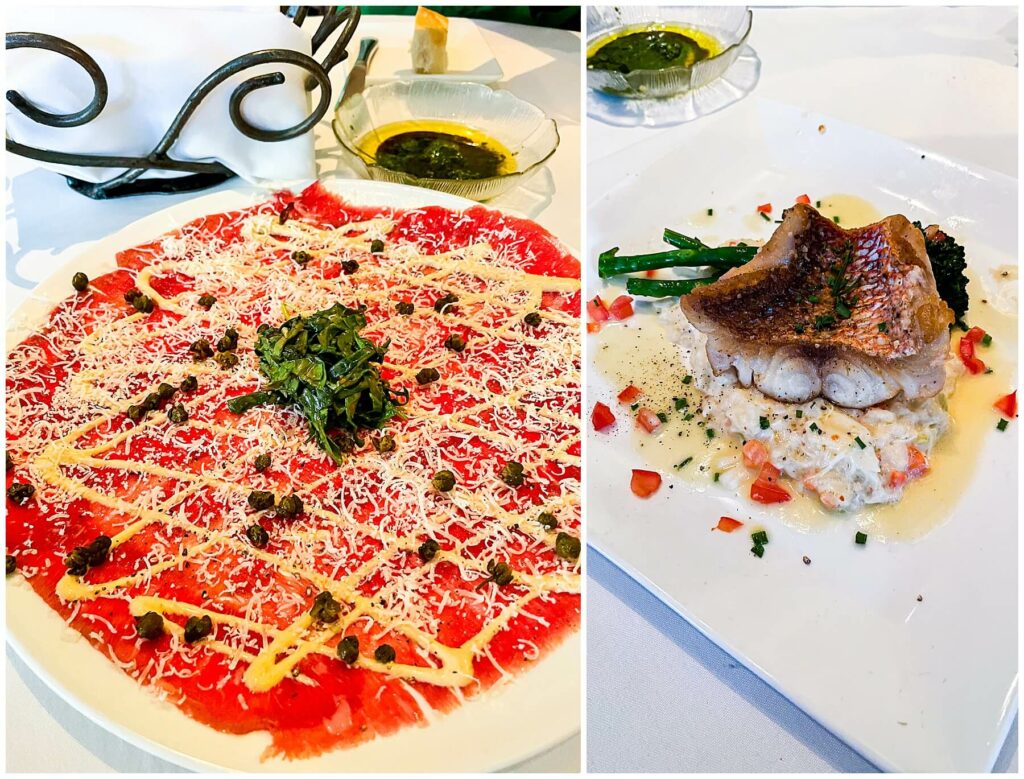 beef carpaccio and snapper over risotto from 45 Bistro