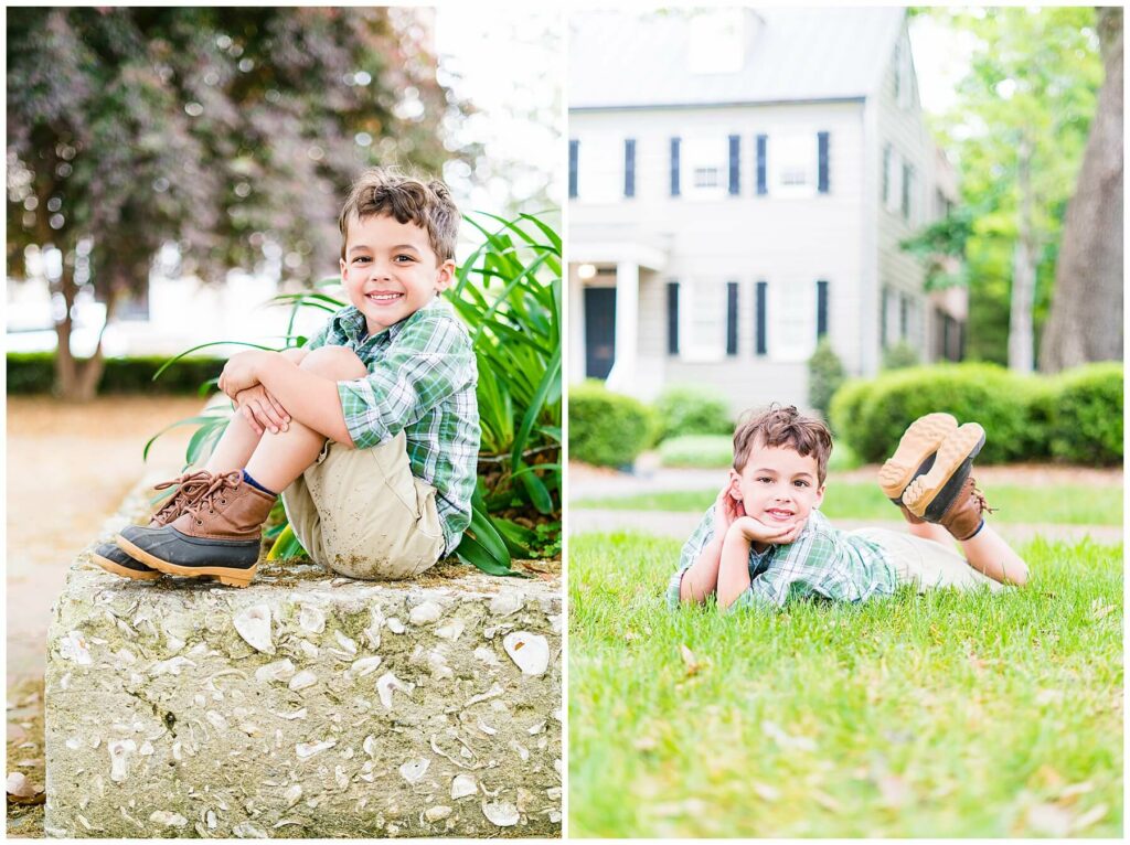 little boy in green plaid button down and shorts posing for photos in savannah's warren square