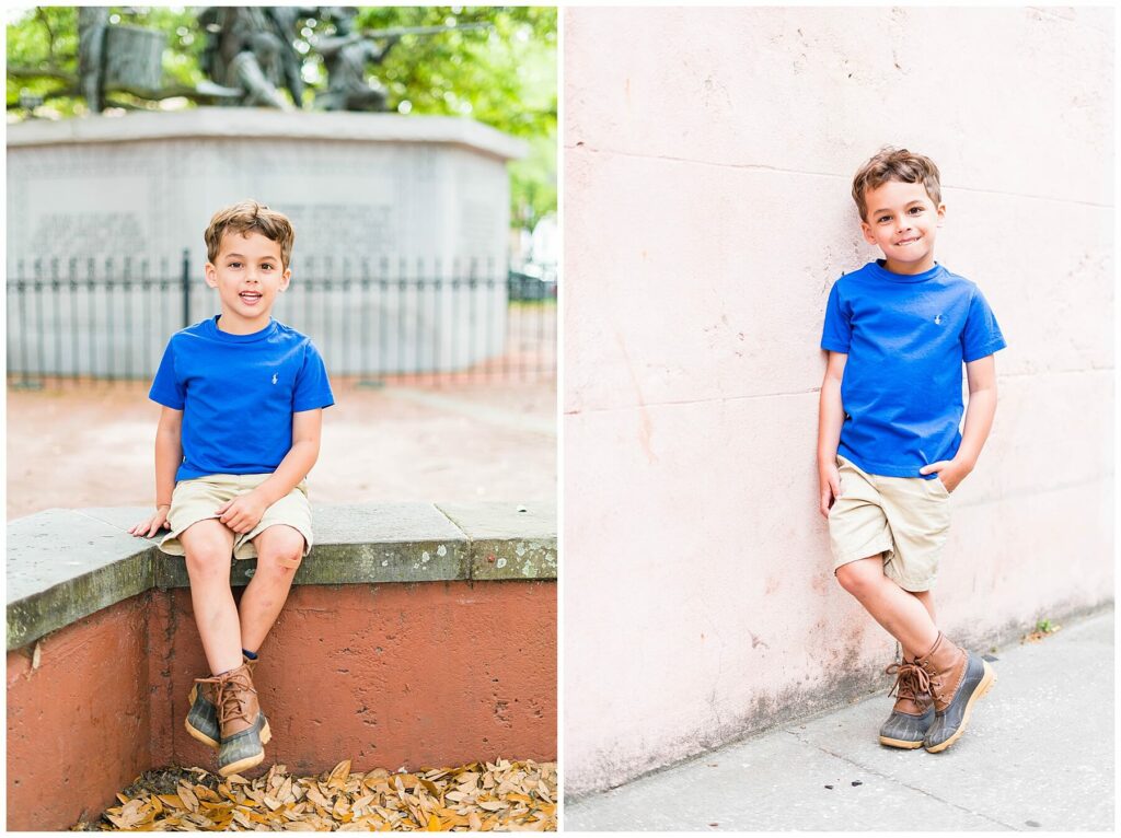 little boy in blue shirt and khaki shorts posing for photos in savannah's Franklin square