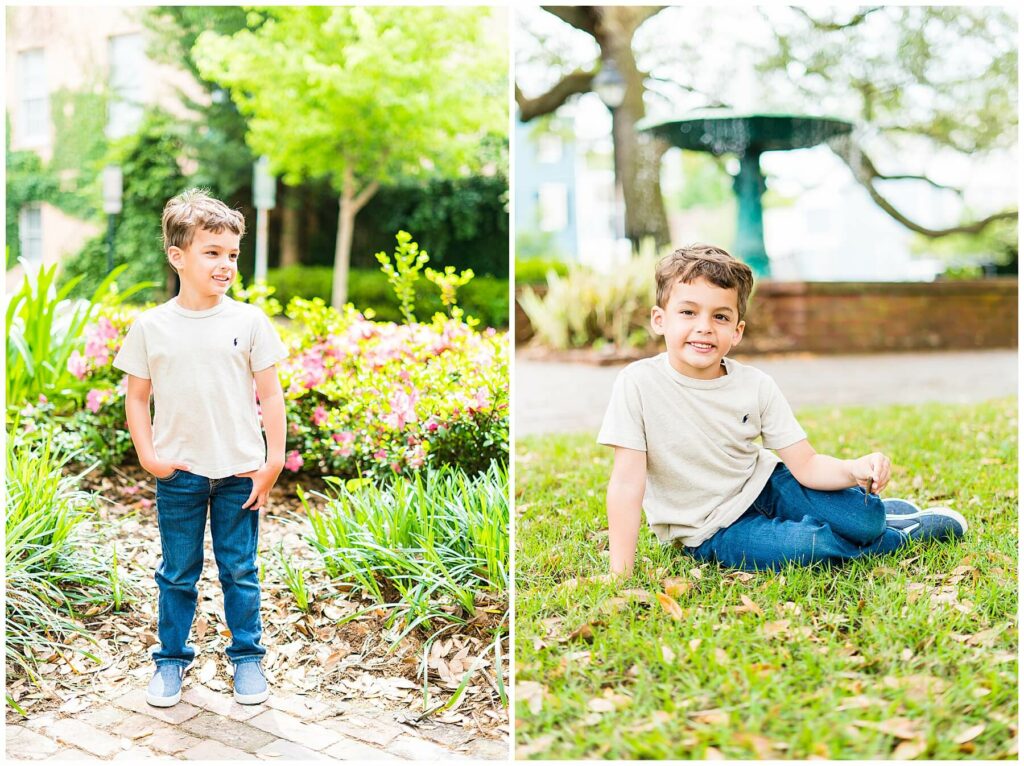 little boy in t-shirt and jeans posing in front of Wormsloe fountain in savannah's Columbia square 