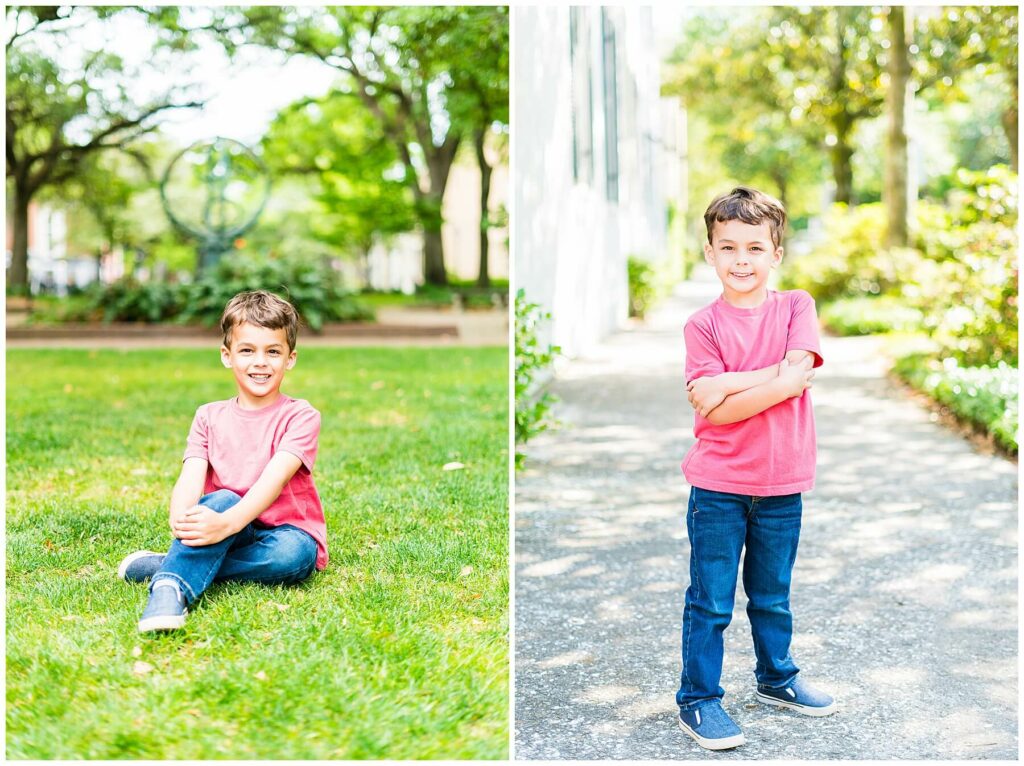 little boy in red t-shirt and jeans posing for photos in Savannah's Troup Square