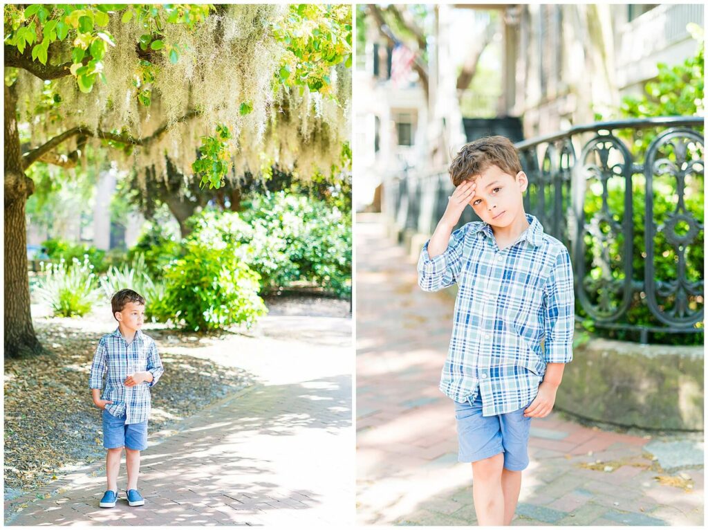 little boy posing under moss covered trees in Savannah's Calhoun Square