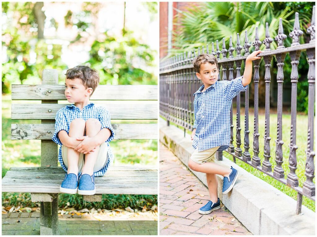 little boy leaning on iron fence downtown savannah in Monterey Square