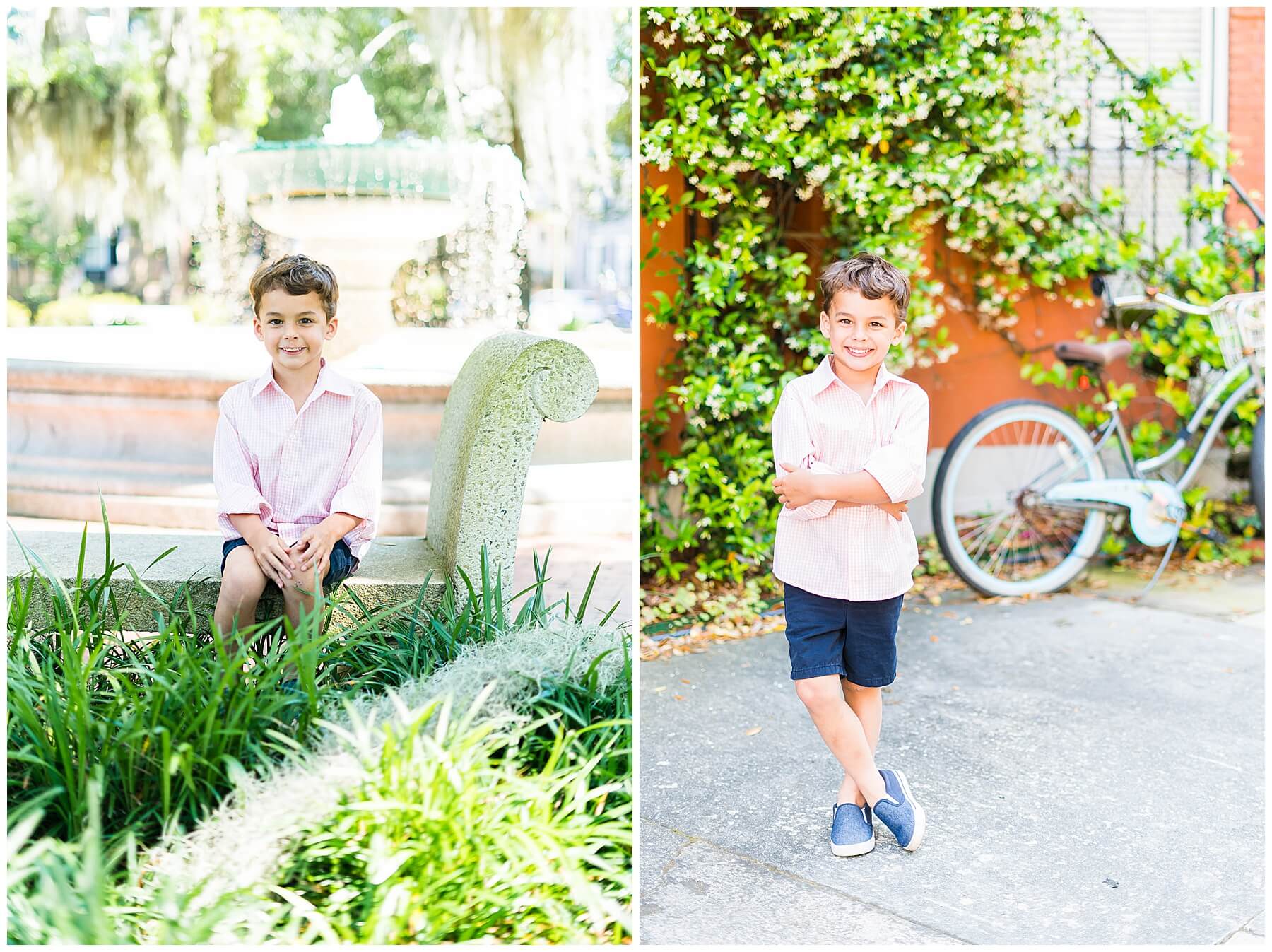 little boy posing for photos in Savannah's Orleans Square