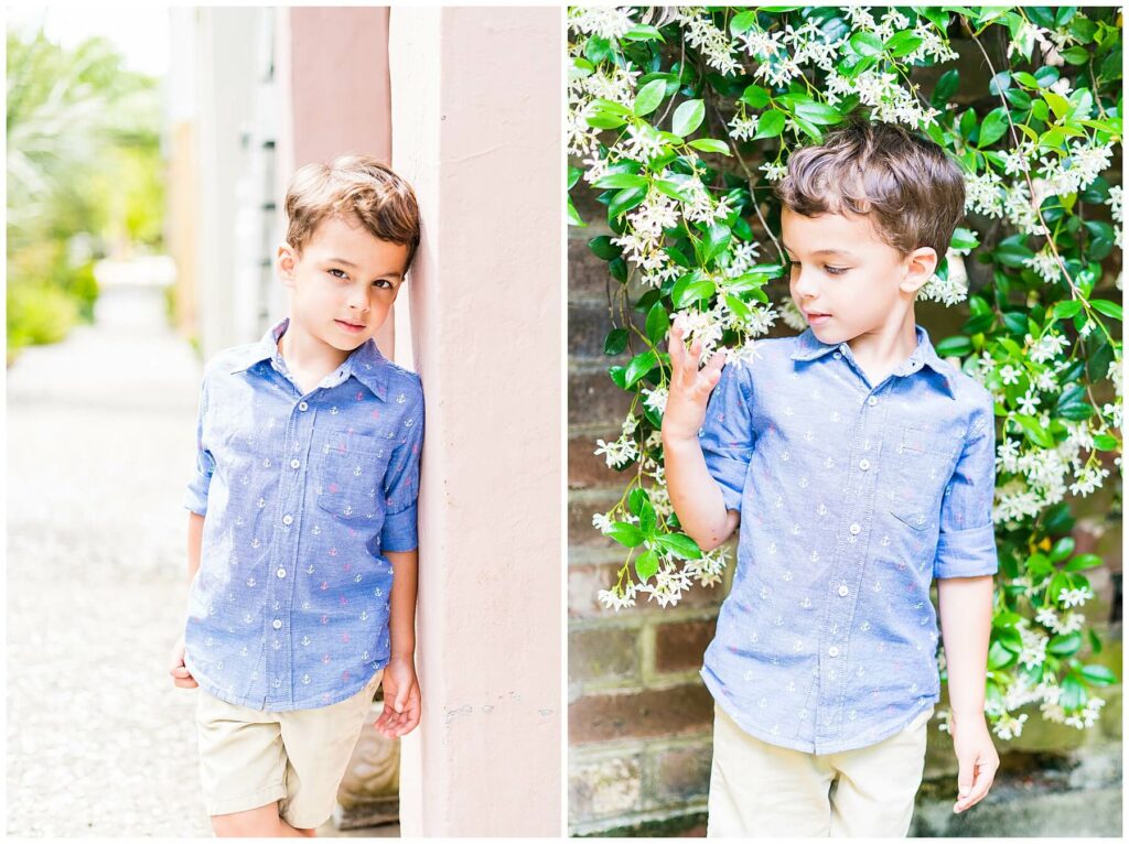 little boy posing in jasmine flowers in downtown Savannah's Chatham Square 