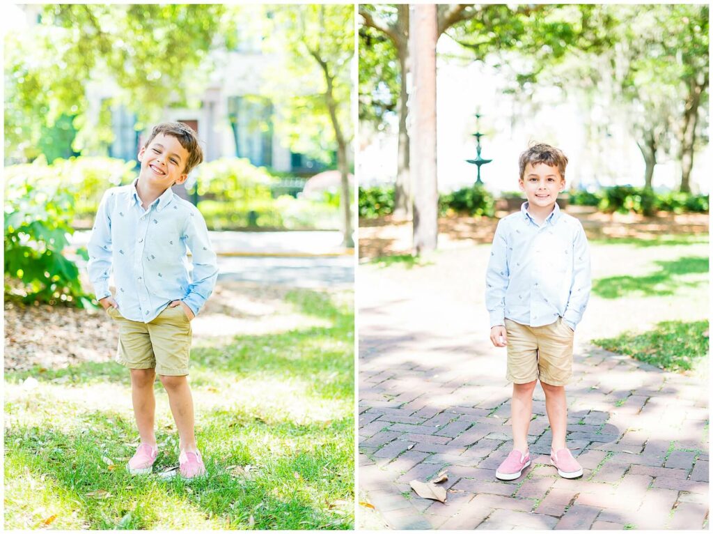 little boy posing in downtown Savannah's Lafayette Square