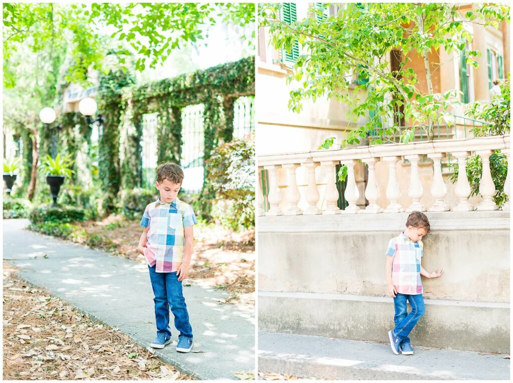 little boy posing in downtown Savannah's Oglethorpe Square