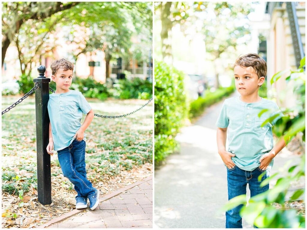 little boy posing for photos in downtown Savannah's Madison Square 