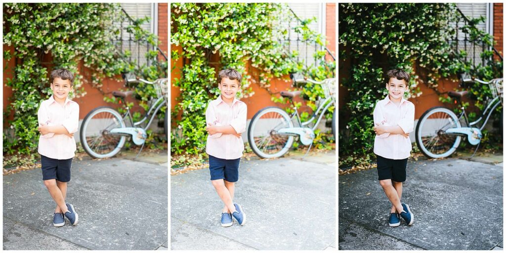 little boy posing in front of jasmine wall and bike downtown savannah edited different styles