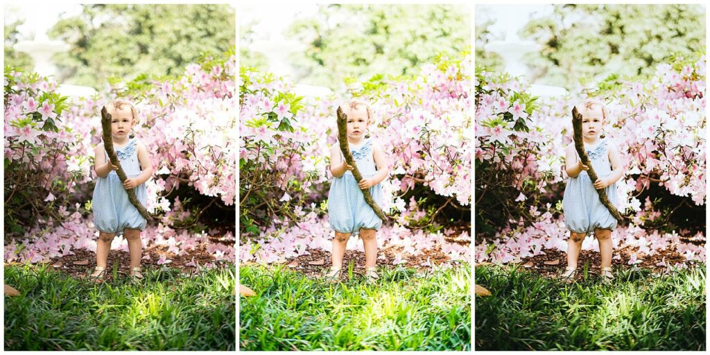 little girl holding a large stick while she stands in front of azaleas in downtown savannah's Forsyth Park