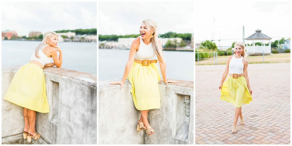 woman in yellow skirt posing next to Savannah Georgia's riverfront on Hutchinson Island