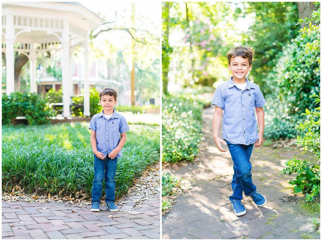 little boy standing in Whitefield Square Downtown Savannah Georgia posing for portraits