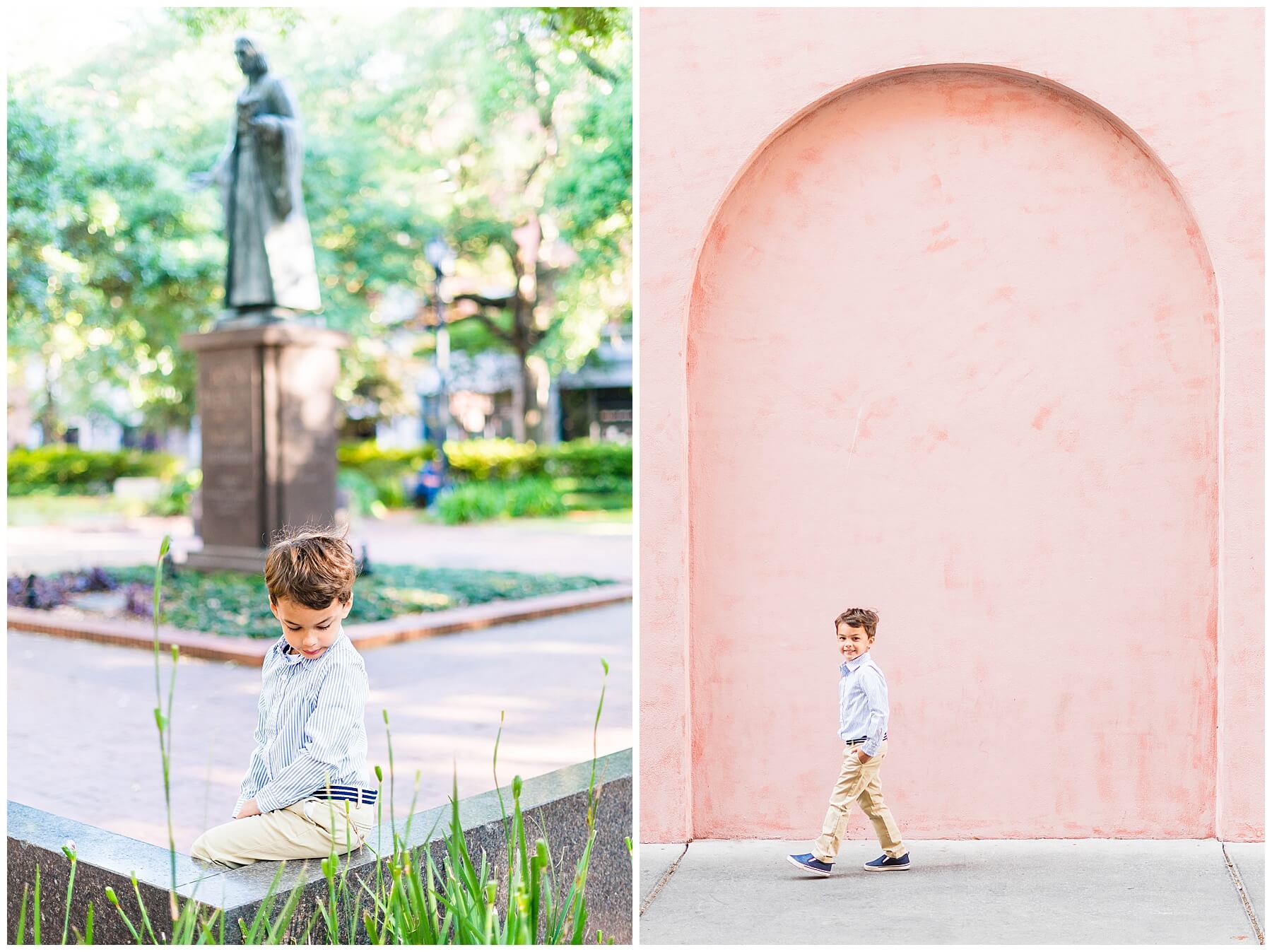 little boy standing in Reynolds square and next to the olde pink house in downtown savannah Georgia