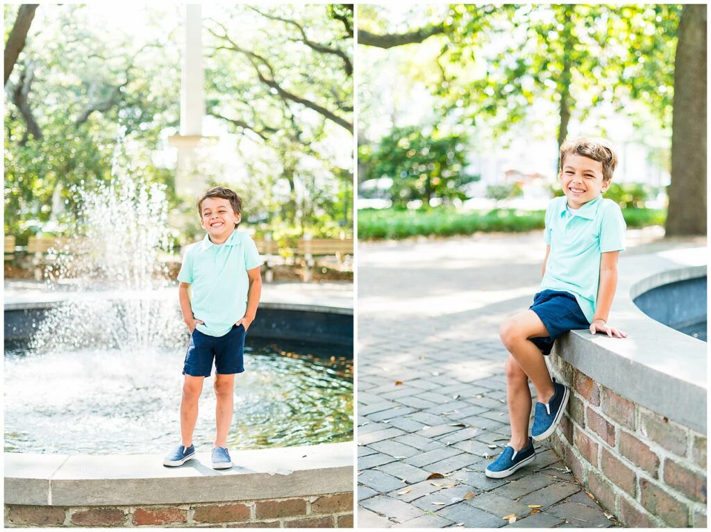 little boy leaning on fountain in Downtown Savannah Georgia Johnson square